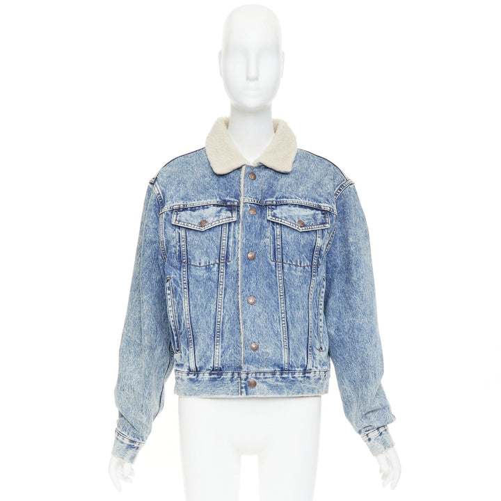 CELINE 2021 Hedi Slimane bleached denim cream shearling lined trucker jacket XS