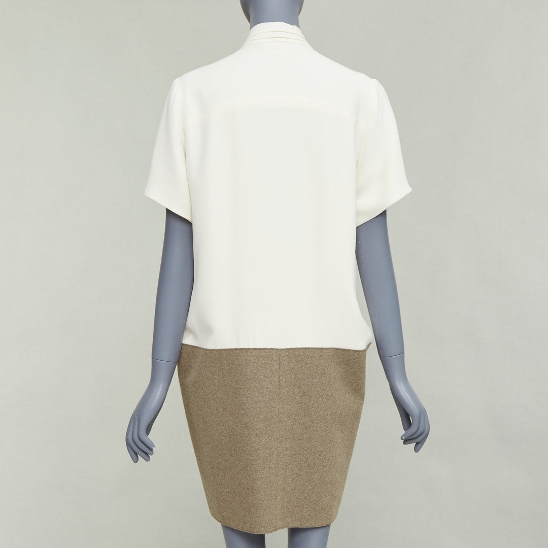 OLD CELINE Phoebe Philo cream taupe silk wool felt drop waist shirt dress FR38 M