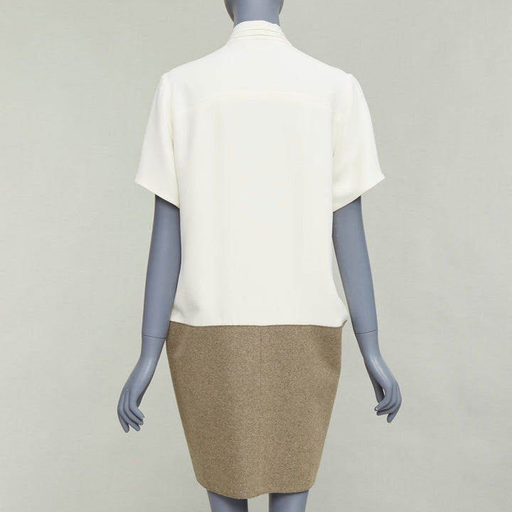 OLD CELINE Phoebe Philo cream taupe silk wool felt drop waist shirt dress FR38 M