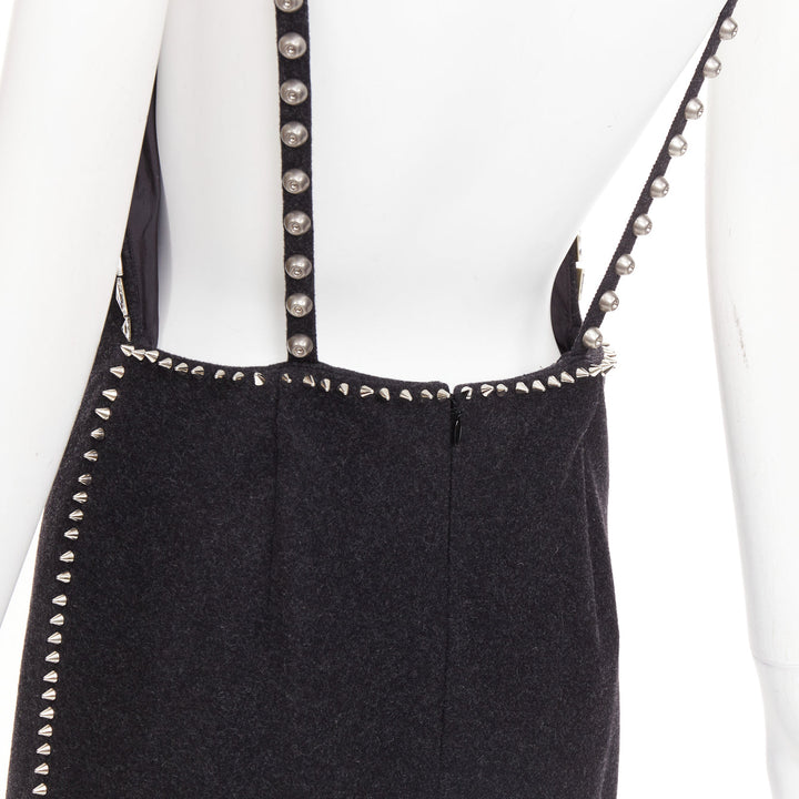 rare MIU MIU 2021 Runway charcoal wool crystal stud chainmail slip dress IT38 XS