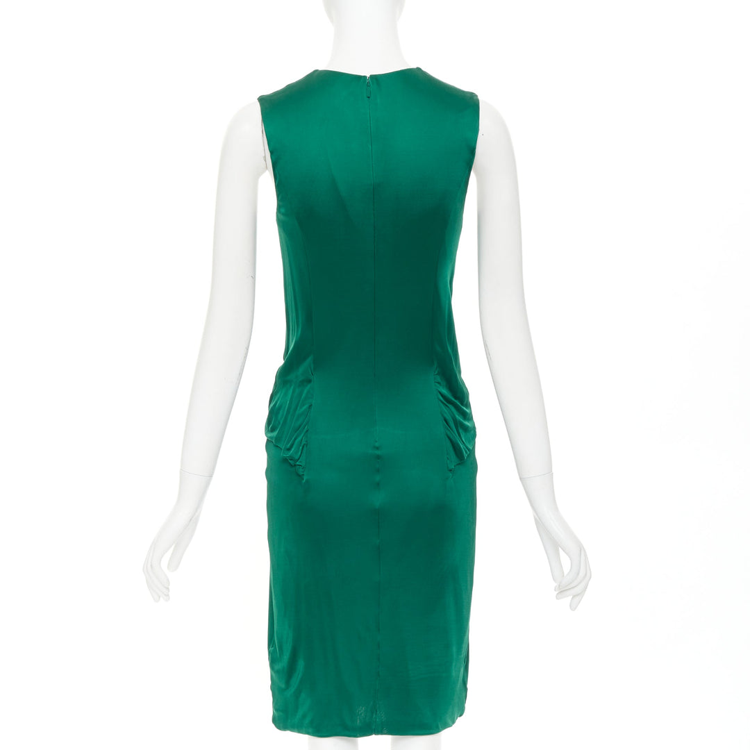 GUCCI 2008 emerald green viscose gold hardware draped V neck midi dress L
