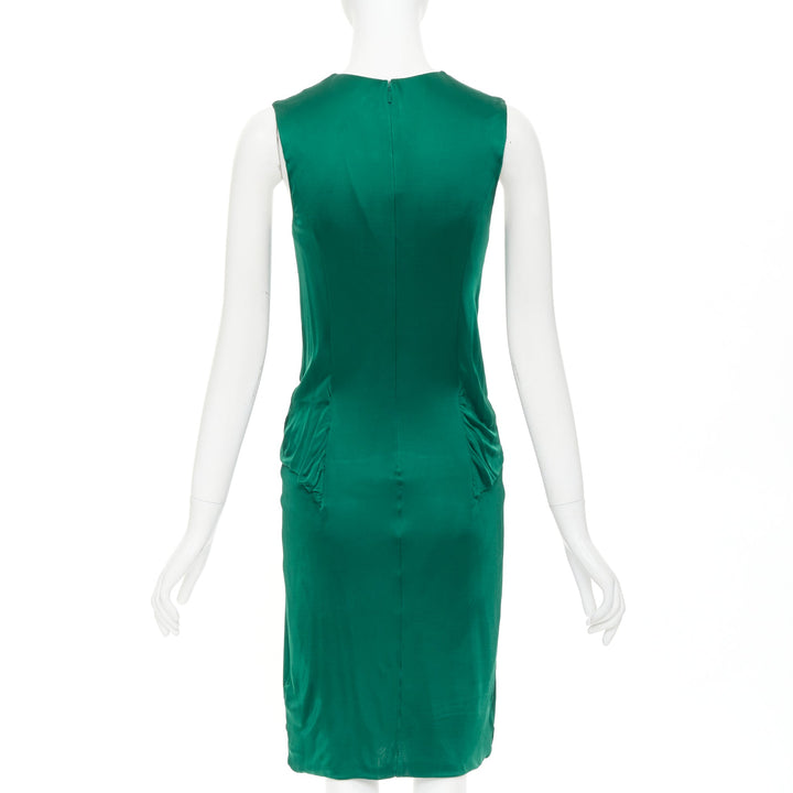 GUCCI 2008 emerald green viscose gold hardware draped V neck midi dress L