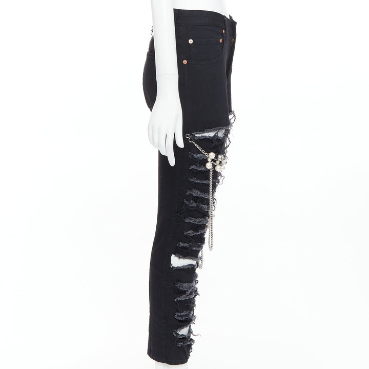 JUNYA WATANABE 2022 Punk black pearl chain chain destroyed ripped jeans XS