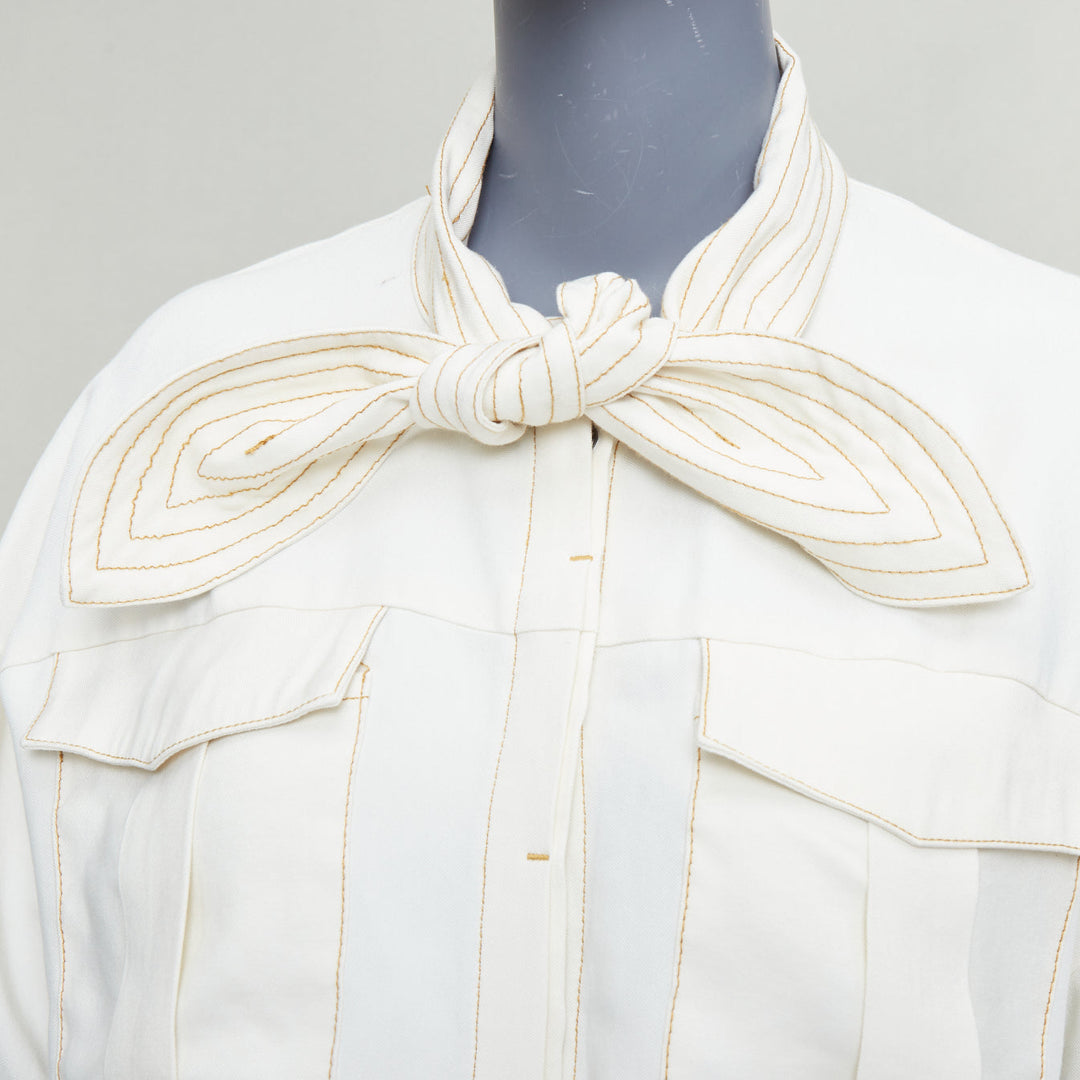 C/MEO COLLECTIVE cream bow tie neck overstitched pocketed shirt M