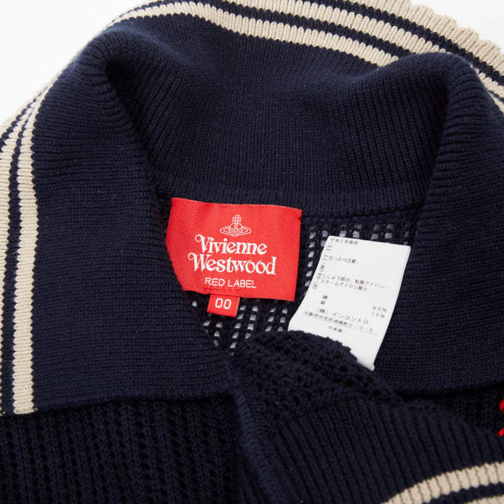 VIVIENNE WESTWOOD navy open stitch cotton linen embroidered orb polo top M