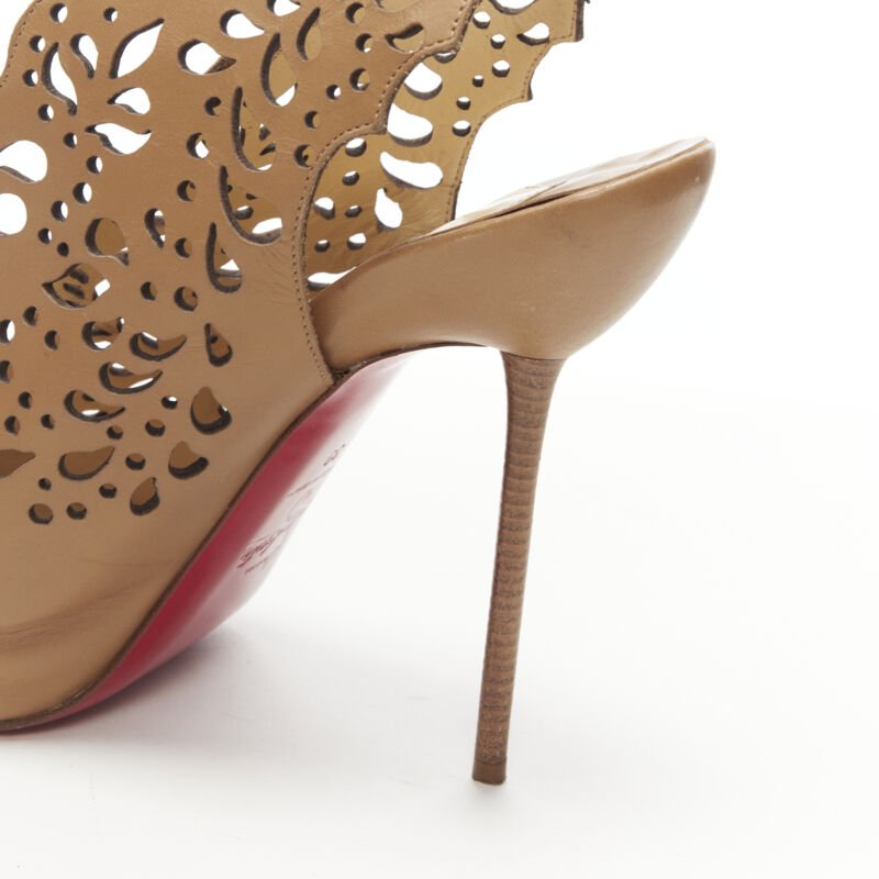 CHRISTIAN LOUBOUTIN Markesling 130 tan brown laser cut peep toe bootie EU39