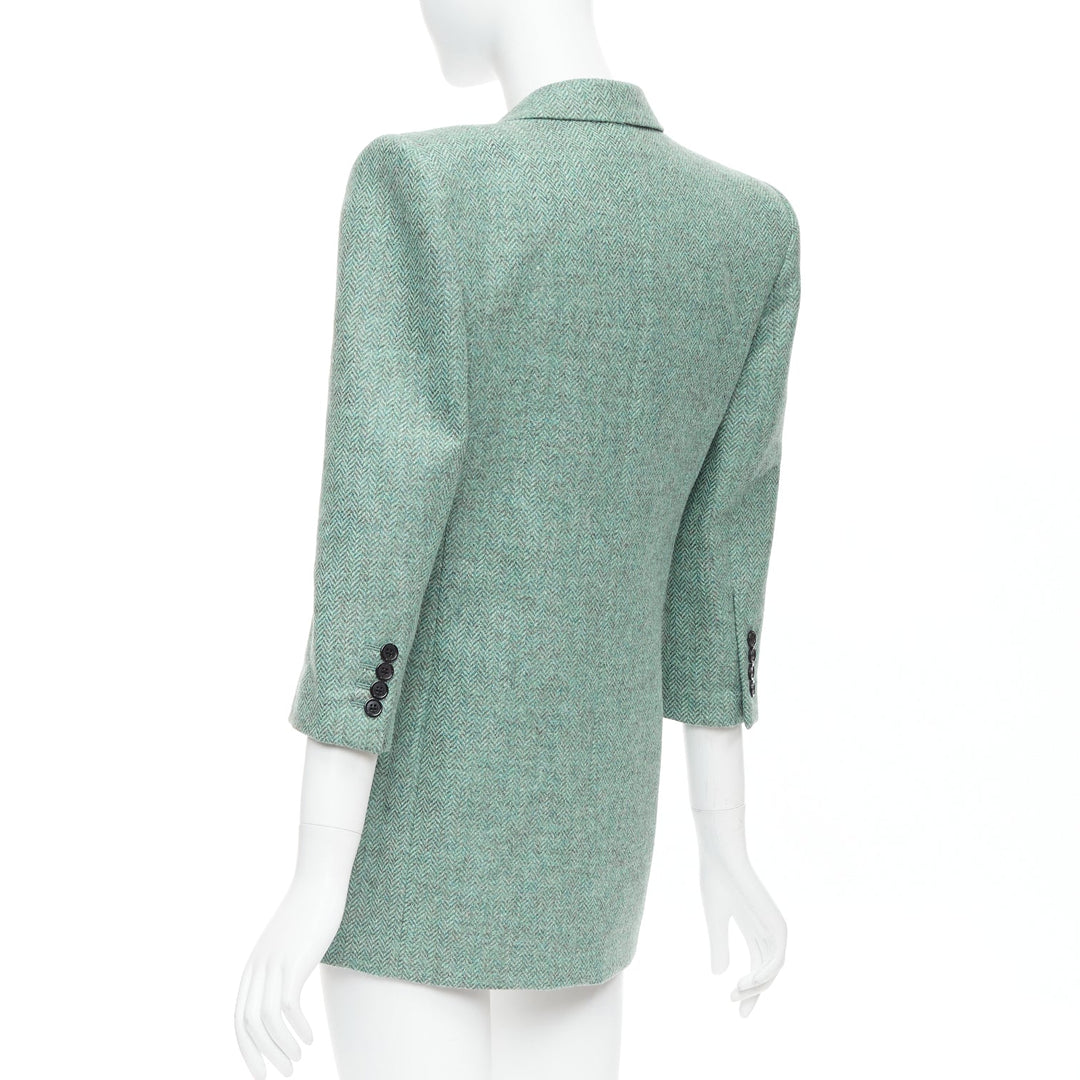 SAINT LAURENT 2022 Runway green tweed shoulder power blazer minidress FR34 XS