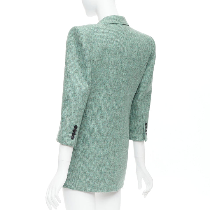 SAINT LAURENT 2022 Runway green tweed shoulder power blazer minidress FR34 XS