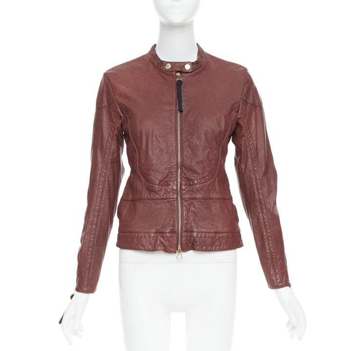 MARNI 2012 burgundy crinkled lamb leather wool lining moto biker jacket IT42 M
