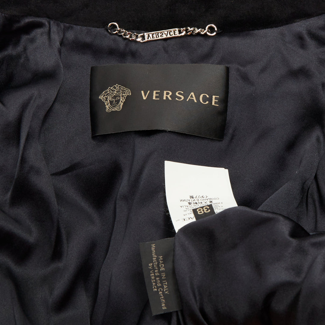 VERSACE 2012 runway black velvet gothic Byzantine cross flared zip coat IT38 XS