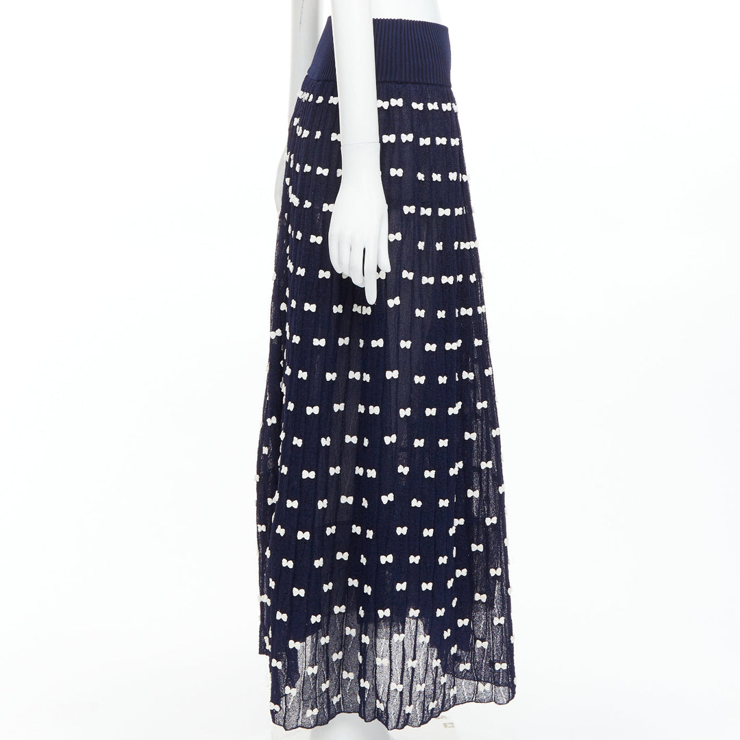 CHANEL 14P Runway navy cream bow applique ribbed waist tulle lined skirt FR36 S