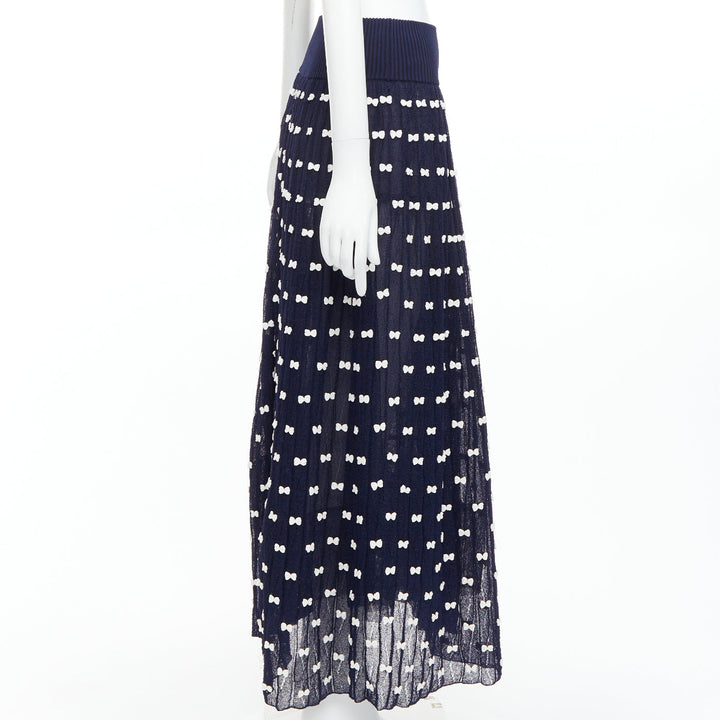 CHANEL 14P Runway navy cream bow applique ribbed waist tulle lined skirt FR36 S