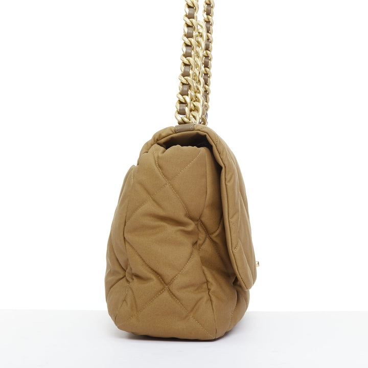 CHANEL 19 Large Flap Bag camel brown quilted canvas chain shoulder bag