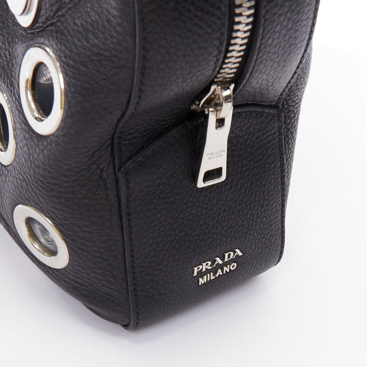 PRADA Vitello Daino Grommet Chain black leather silver cut out shoulder bag