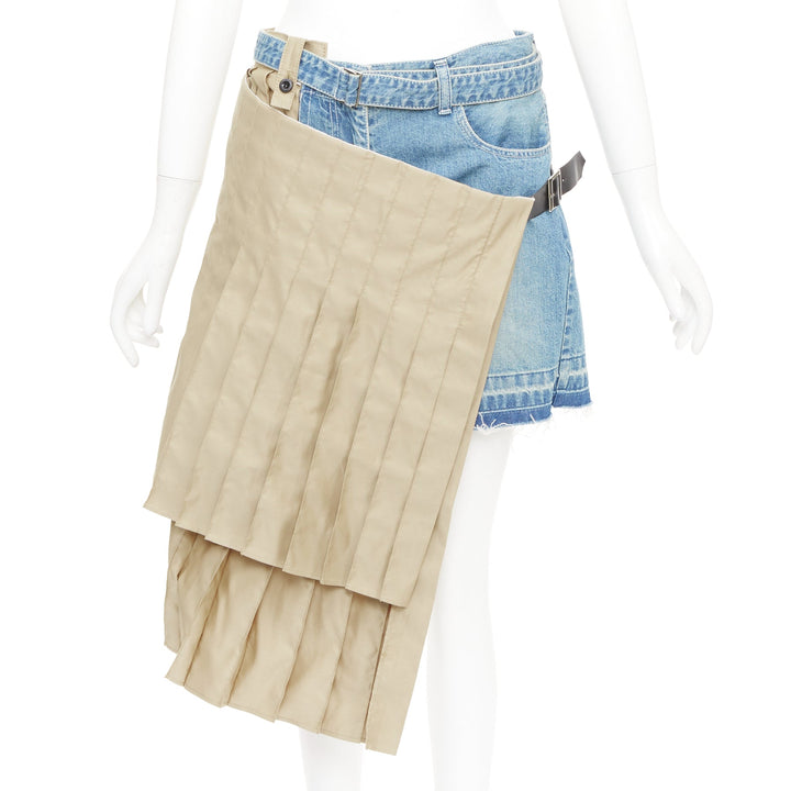 SACAI 2019 Runway beige kilt pleated cotton deconstructed denim shorts JP2 M