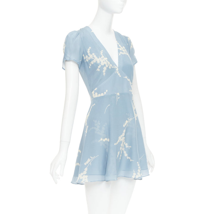 REALISATION Luella 100% silk light blue cream floral print V neck sundress XS