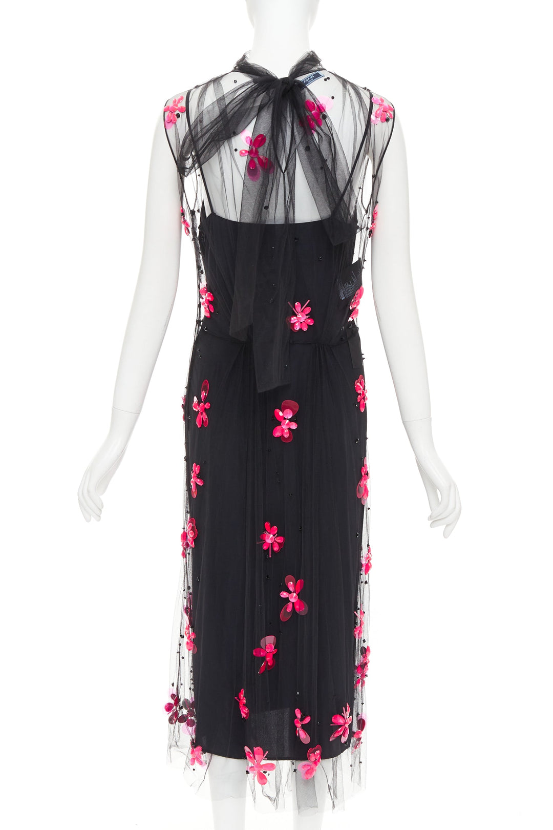 PRADA 2018 Runway neon pink floral bead black tulle sheer midi dress IT40 S