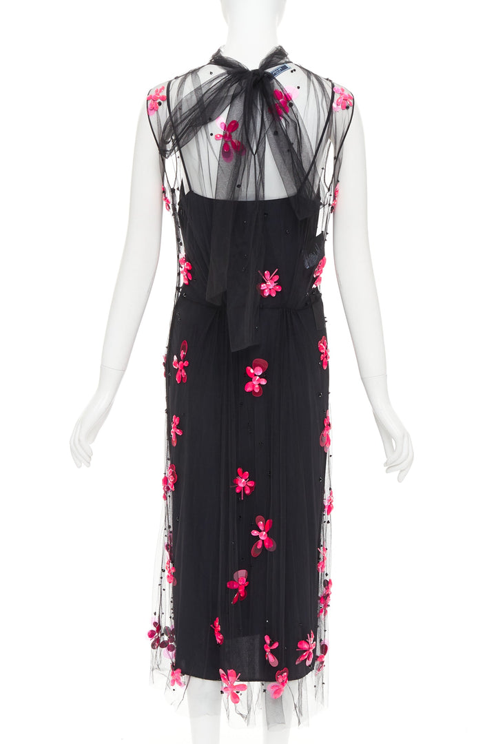 PRADA 2018 Runway neon pink floral bead black tulle sheer midi dress IT40 S