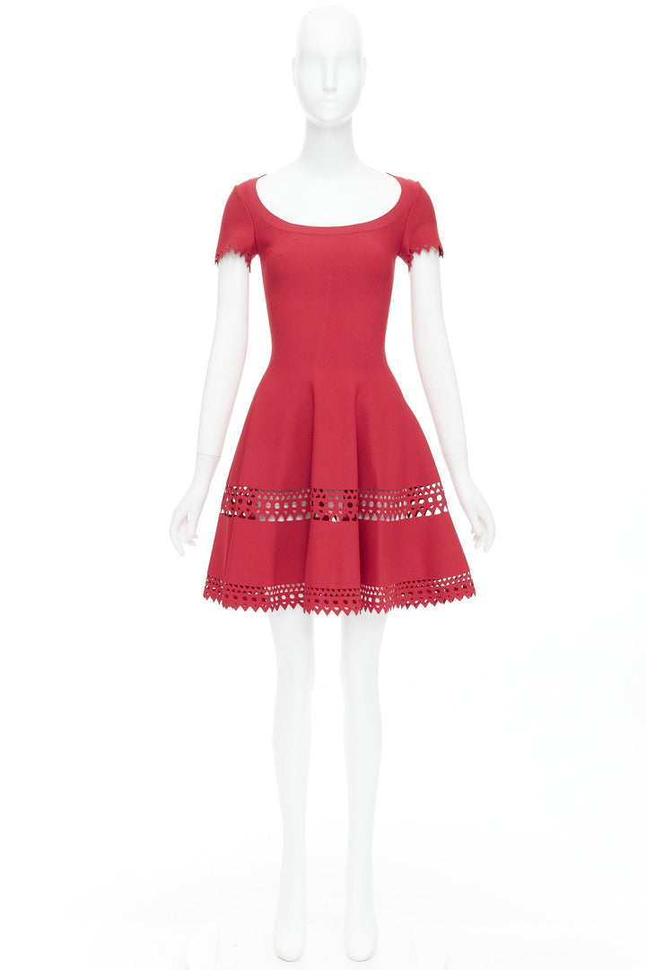 ALAIA red laser cut out cap sleeves wide round neck fit flared dress FR38 M