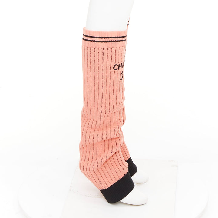 CHANEL 24C Runway CC logo pink black ribbed knit striped trim leg warmers OS
