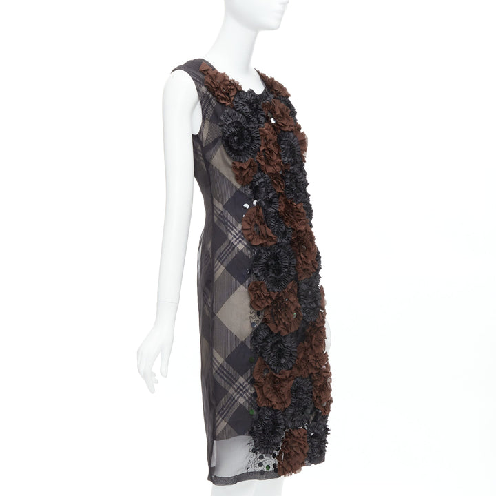 DRIES VAN NOTEN 2013 brown black floral applique plaid sheer dress FR36 S