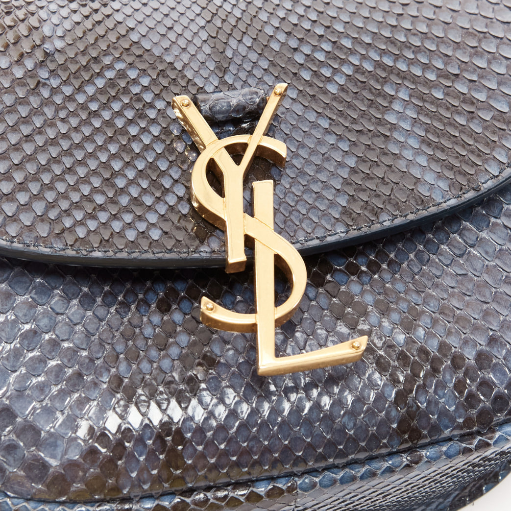 SAINT LAURENT Kaia blue scaled leather gold YSL logo half moon crossbody bag