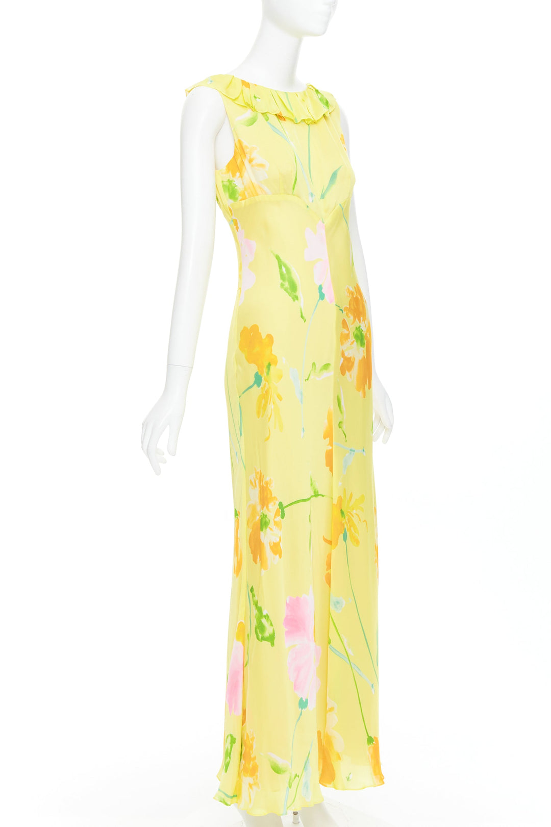 rare DONNA KARAN Vintage yellow floral print ruffle collar maxi dress