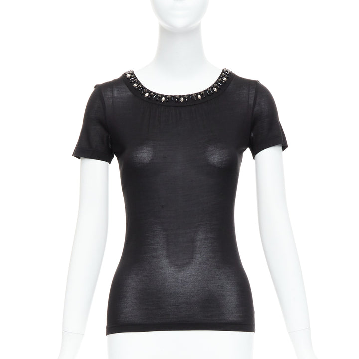 CHRISTIAN DIOR black 100% silk glass PVC beaded collar tshirt FR36 S