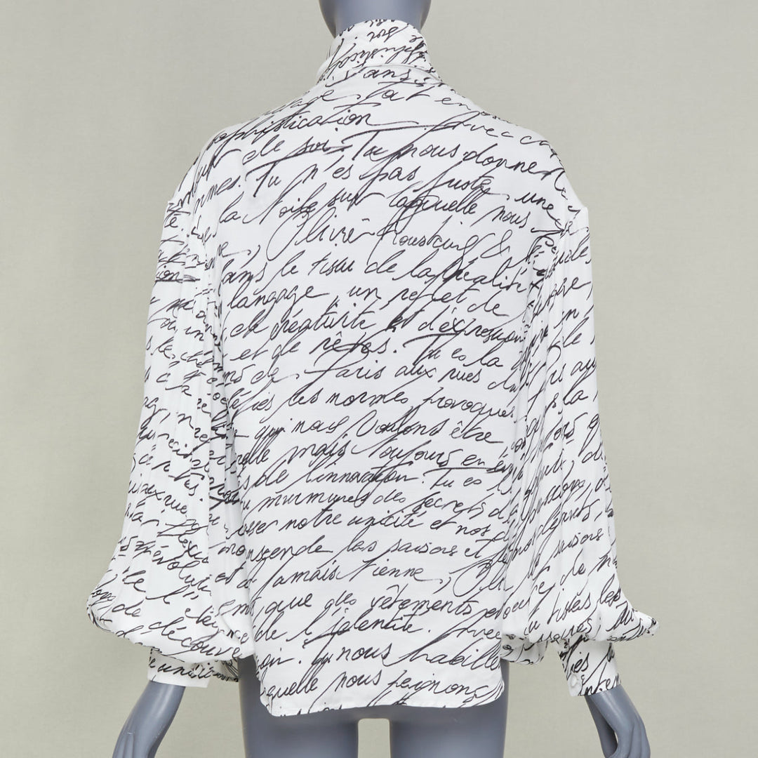 BALMAIN 2025 Love Letter Print pussybow tie neck white black blouse FR34 XS