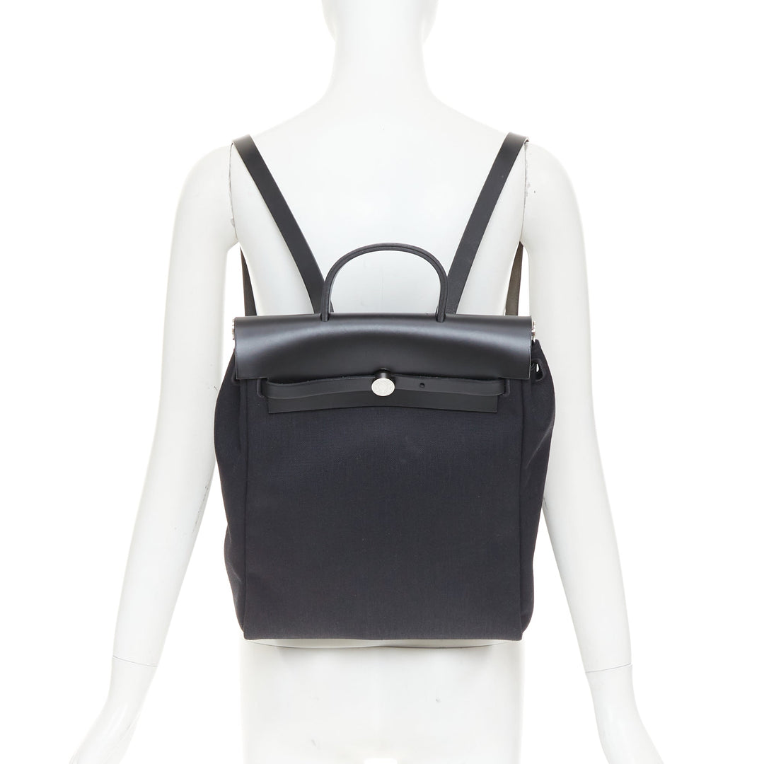 HERMES Herbag A Dos Backpack 2-in-1 black toile canvas vache calfskin bag
