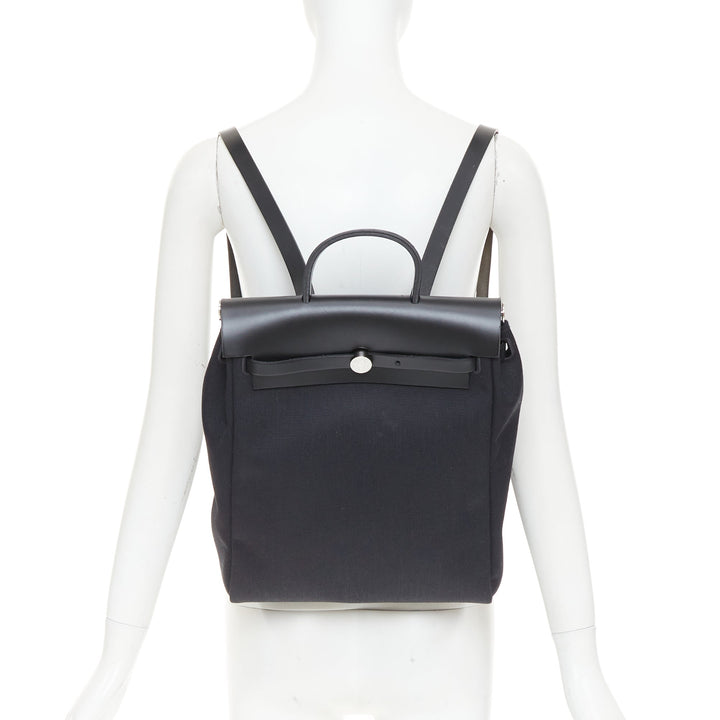 HERMES Herbag A Dos Backpack 2-in-1 black toile canvas vache calfskin bag