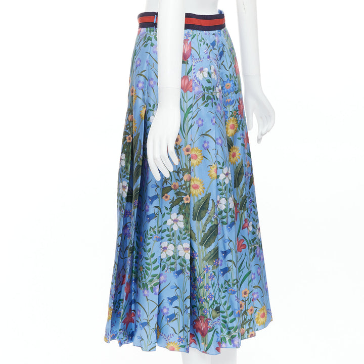GUCCI 2016 New Flora 100% silk blue bloom pleated skirt IT42 M