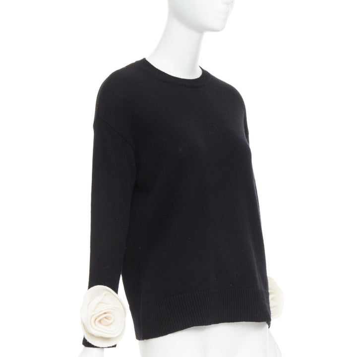 VALENTINO 2024 black virgin wool cream 3D Flower cuff crew neck sweater XS