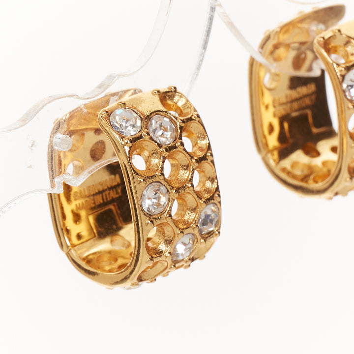 BALENCIAGA 2021 Demna gold tone logo crystals chunky U shape hoop earrings
