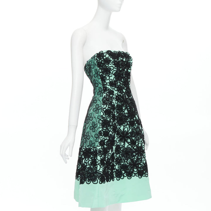 OSCAR DE LA RENTA 2016 Runway teal silk turquoise cocktail black dress US4 S