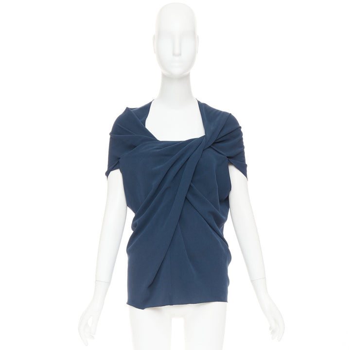 LANVIN 2009 navy triacetate blend twist front square neck ruched top FR34 XS