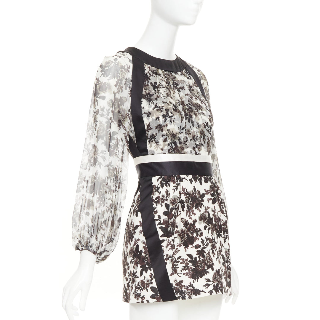 BALENCIAGA 2007 black off white silk chifon floral panel satin mini dress FR36 S