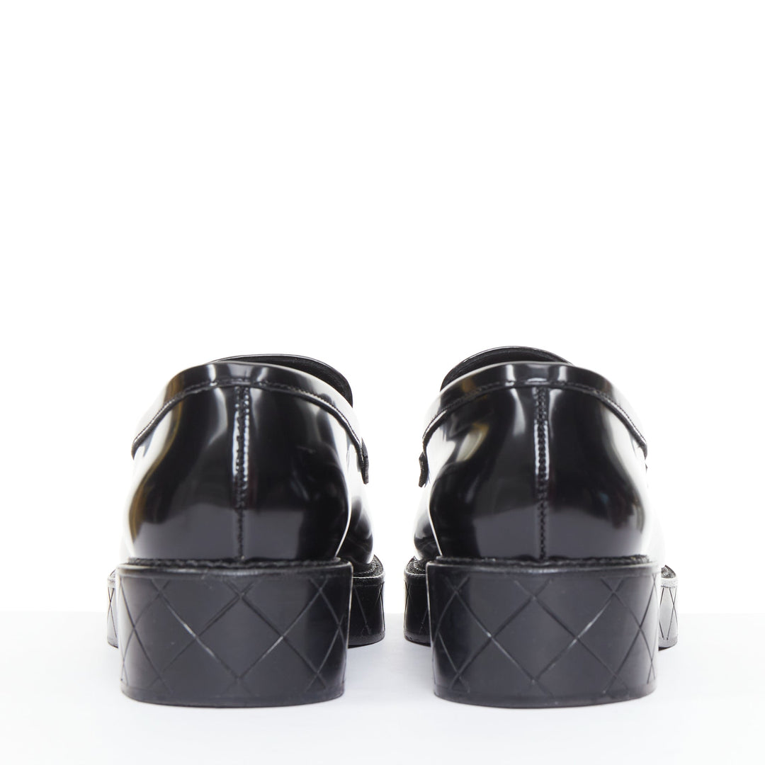 CHANEL 24K Heart CC black  leather quilted platform penny loafers shoes EU39.5