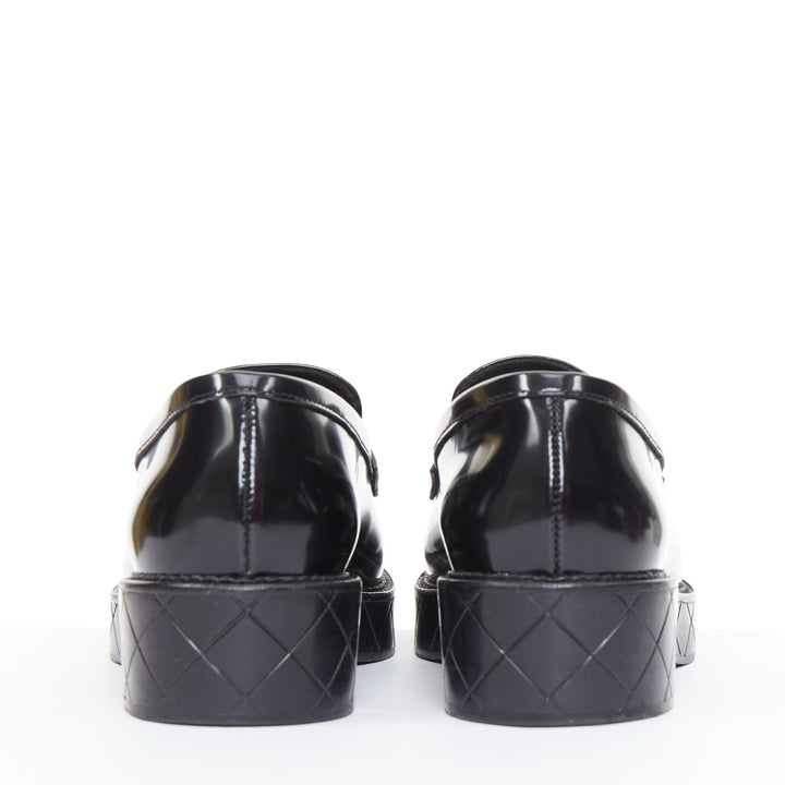 CHANEL 24K Heart CC black  leather quilted platform penny loafers shoes EU39.5