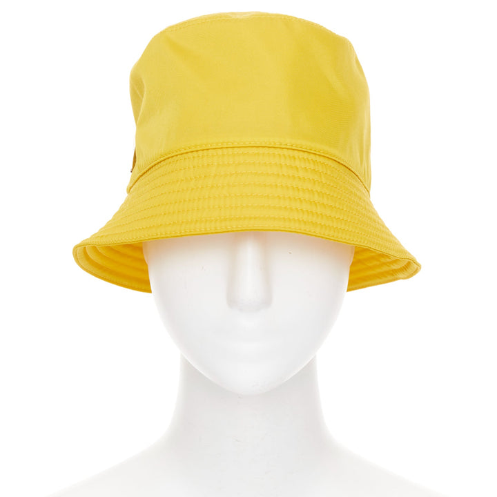 PRADA Re-Nylon mustard yellow silver logo plague topstitched bucket hat M