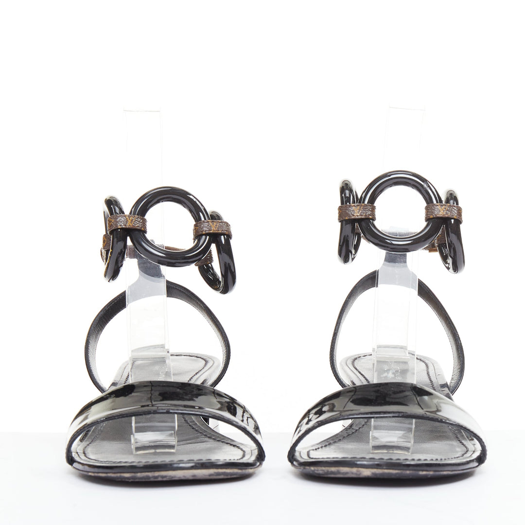 LOUIS VUITTON Vedette black patent brown LV monogram logo sandals EU38