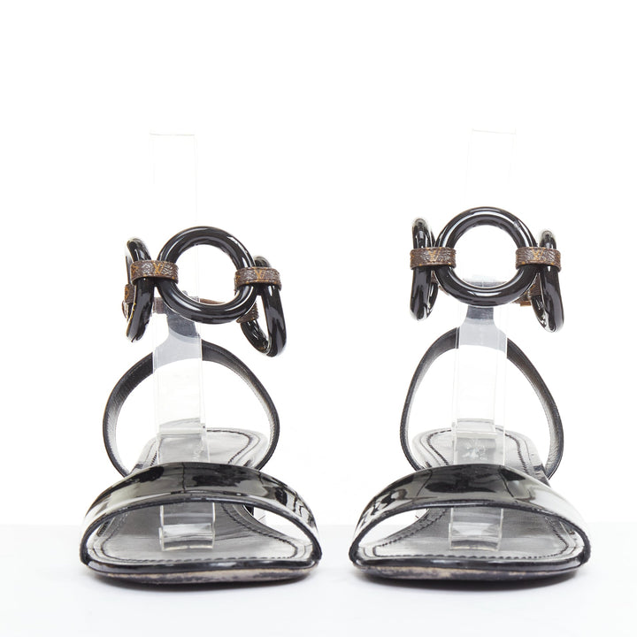 LOUIS VUITTON Vedette black patent brown LV monogram logo sandals EU38