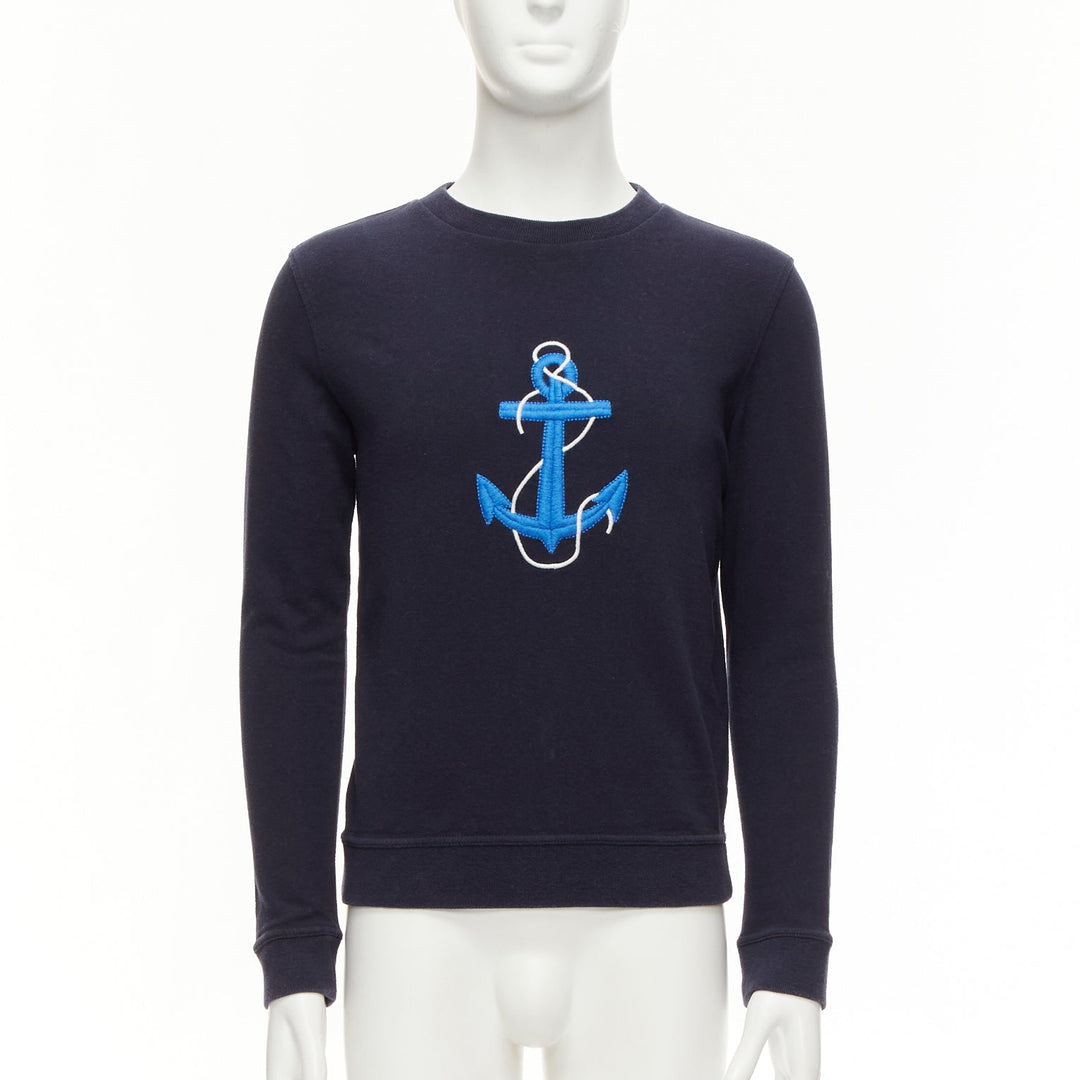 A.P.C. navy blue white anchor embroidery crew neck cotton sweatshirt US0 XS
