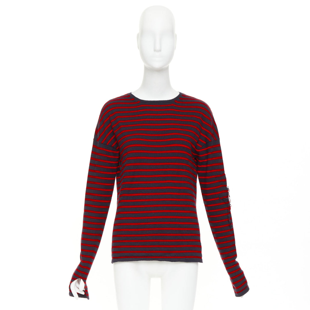 BARRIE 100% cashmere navy red fringe applique asymmetric striped sweater S