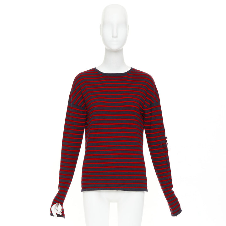 BARRIE 100% cashmere navy red fringe applique asymmetric striped sweater S