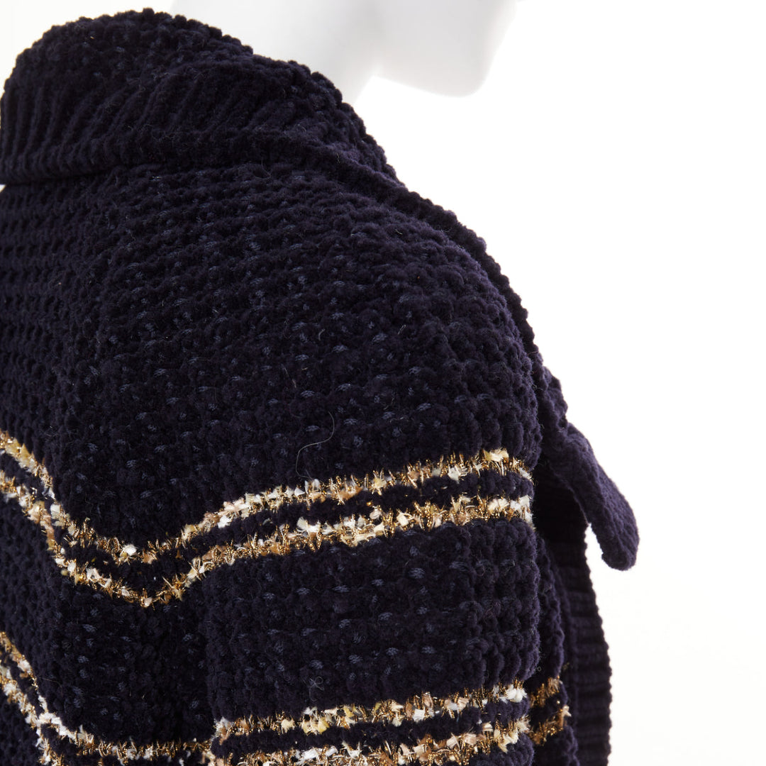 CHANEL 20A Runway navy gold wool blend tweed striped knit cardigan coat FR34 XS