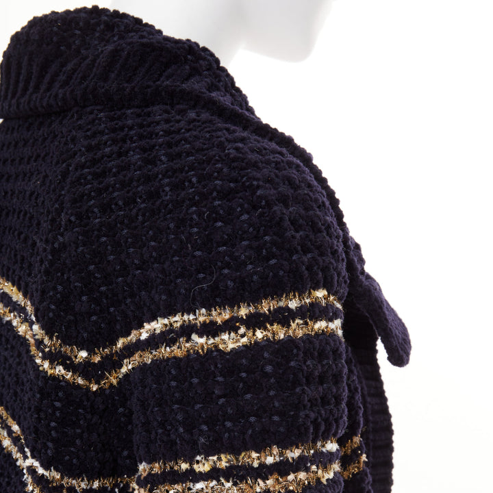 CHANEL 20A Runway navy gold wool blend tweed striped knit cardigan coat FR34 XS