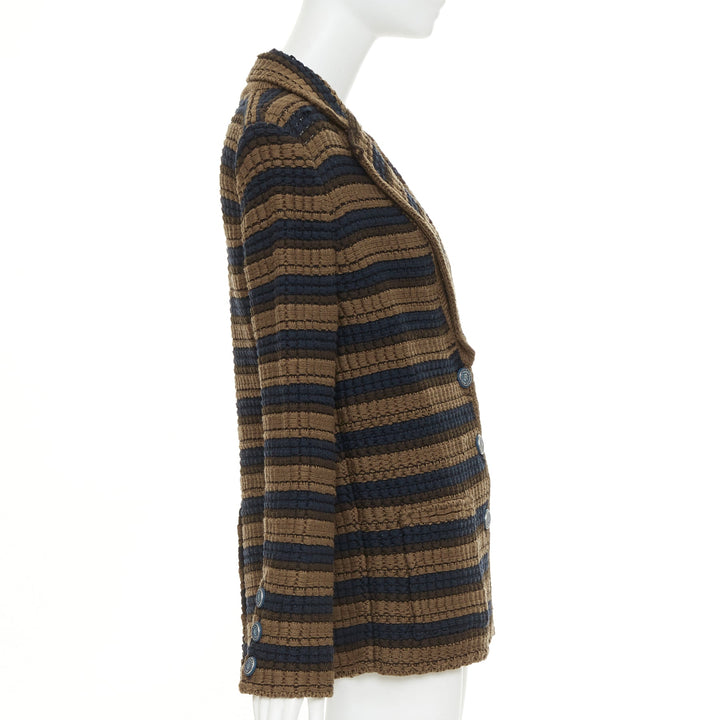 CHANEL striped textured knit brown navy wool cotton jacket FR36 S
