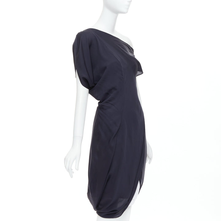 CELINE Vintage 100% silk cotton trim asymmetric layered drape dress FR36 S