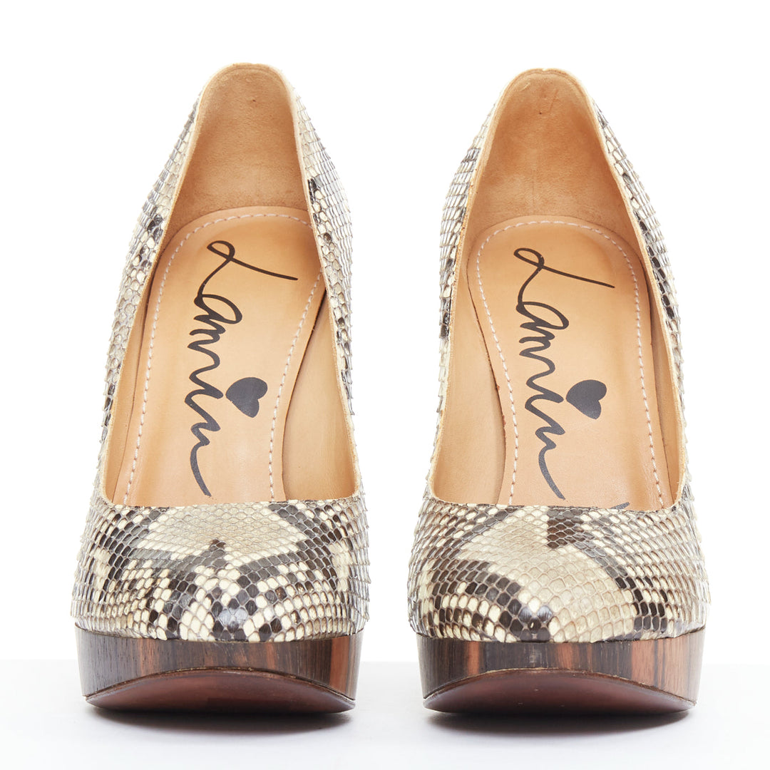 LANVIN 2011 beige scaled leather brown wood platform pumps EU36.5